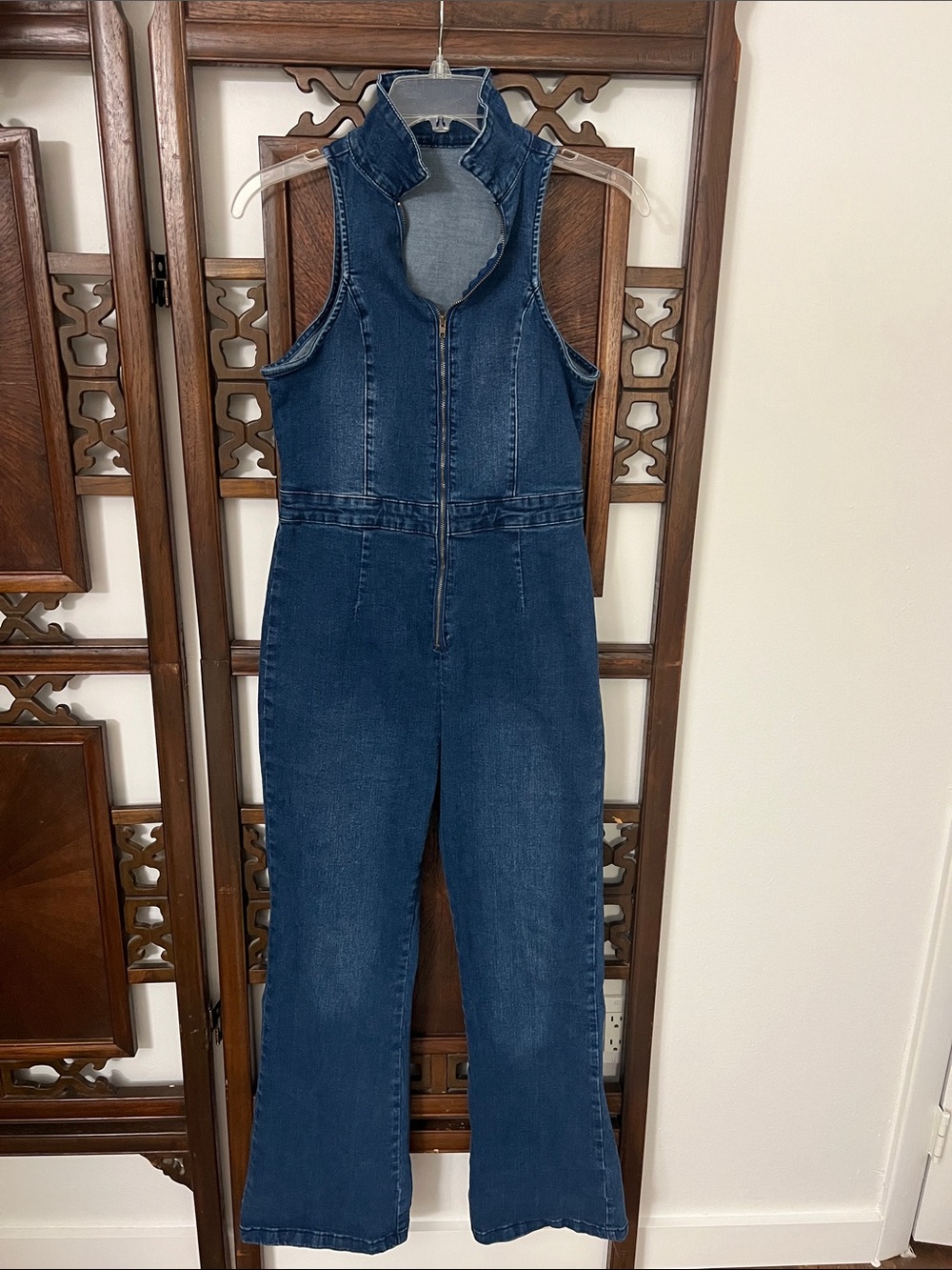 Dark Wash Denim Sleeveless Zip-Front Jumpsuit